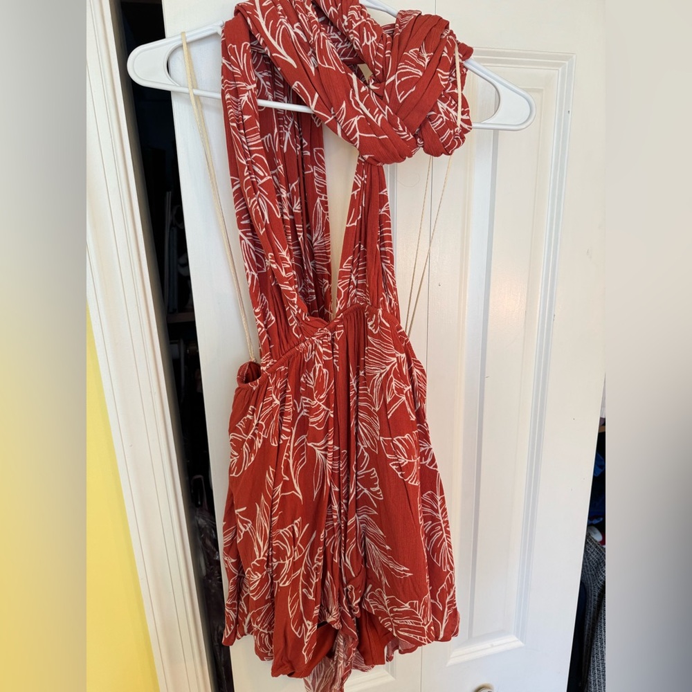 Rust Red Tropical Print backless Romper